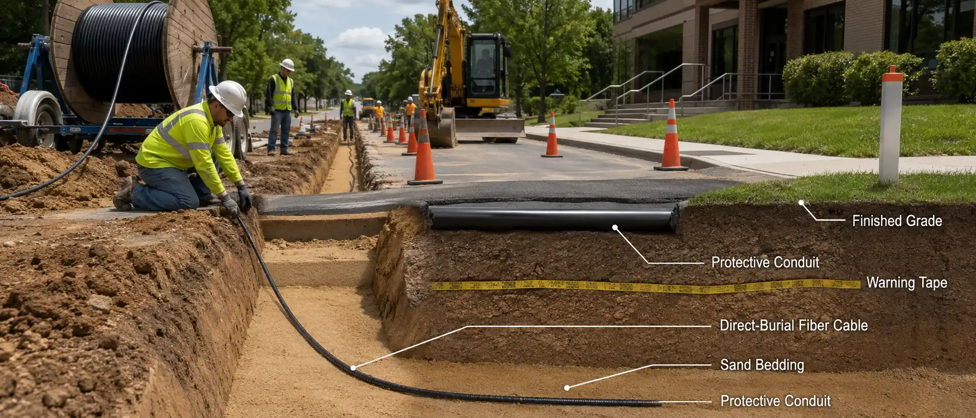 Direct-burial fiber optic cable installed with sand bedding and warning tape Direct-burial fiber optic cable installed with sand bedding and warning tape