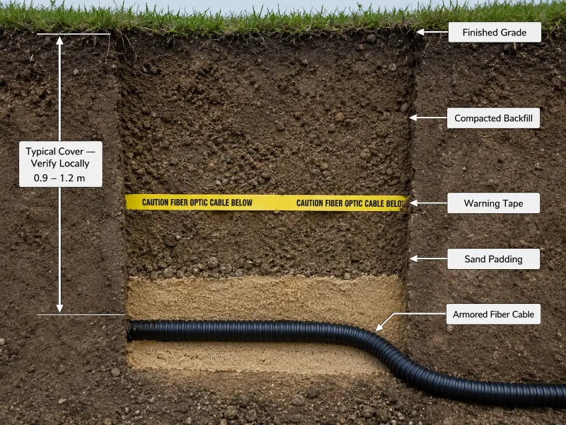 Direct-burial fiber cable trench with sand padding, backfill and warning tape Direct-burial fiber cable trench with sand padding, backfill and warning tape